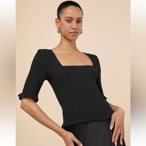 Lulus Enna Black Smocked Short Sleeve Top - Size XL